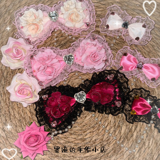 SS69 Lolita Lace Bow Hairpin with Pearl Chain and Floral Accents