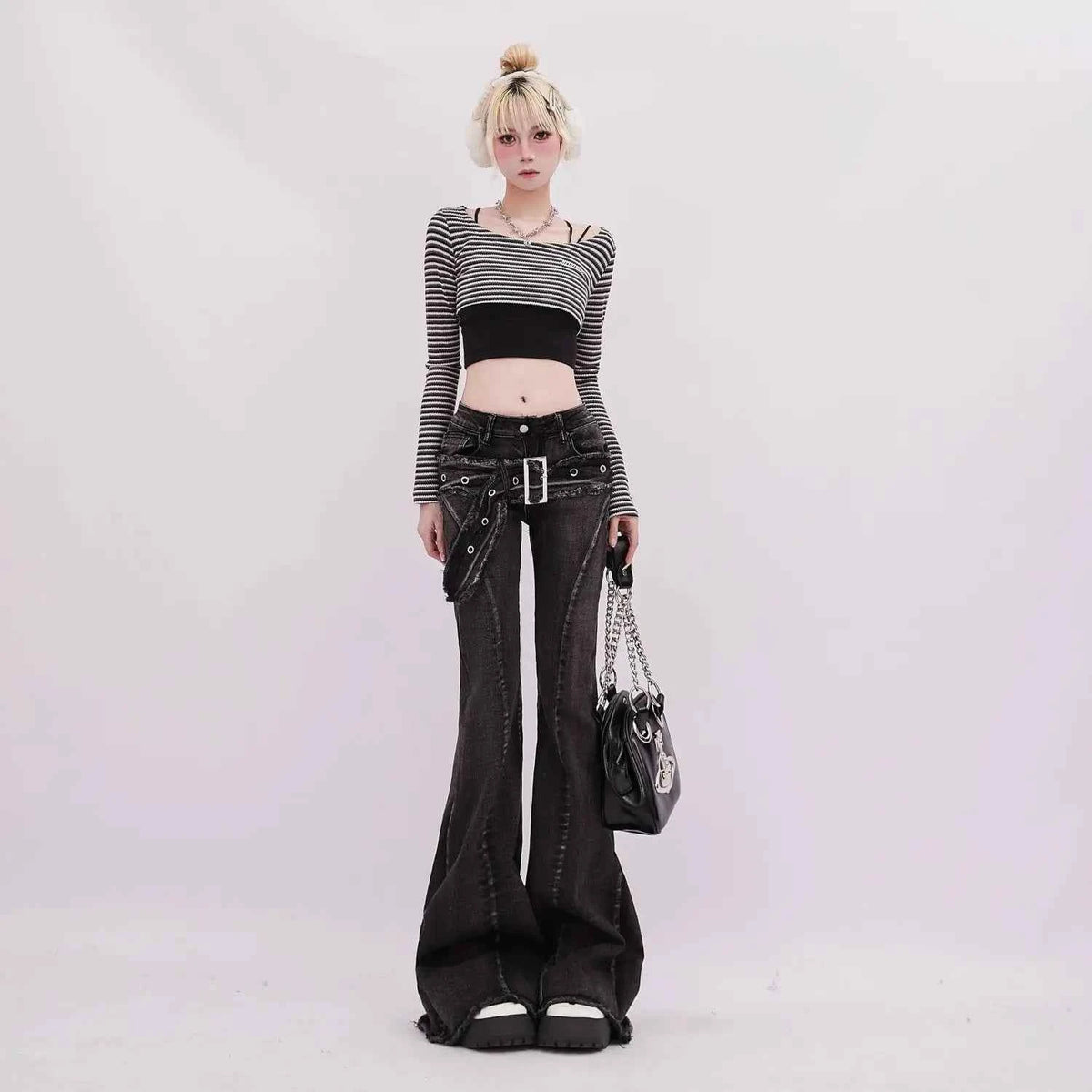 Vintage Slim Micro-flare Jeans Women Ins Fashionable Splicing Belt Edge Y2K Pants High Waist Straight American Street Trousers