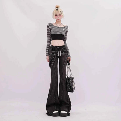 Vintage Slim Micro-flare Jeans Women Ins Fashionable Splicing Belt Edge Y2K Pants High Waist Straight American Street Trousers