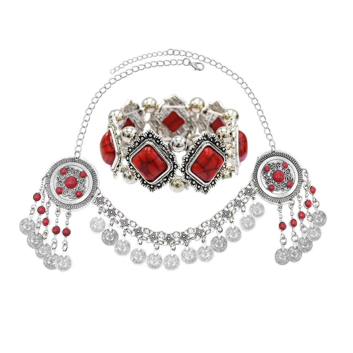 Traditional Kazakhstan Ethnic Coins Bracelet Hair Accessories  for Women Vintage Nepalese Tibetan Clothing Headwear Jewelry Set