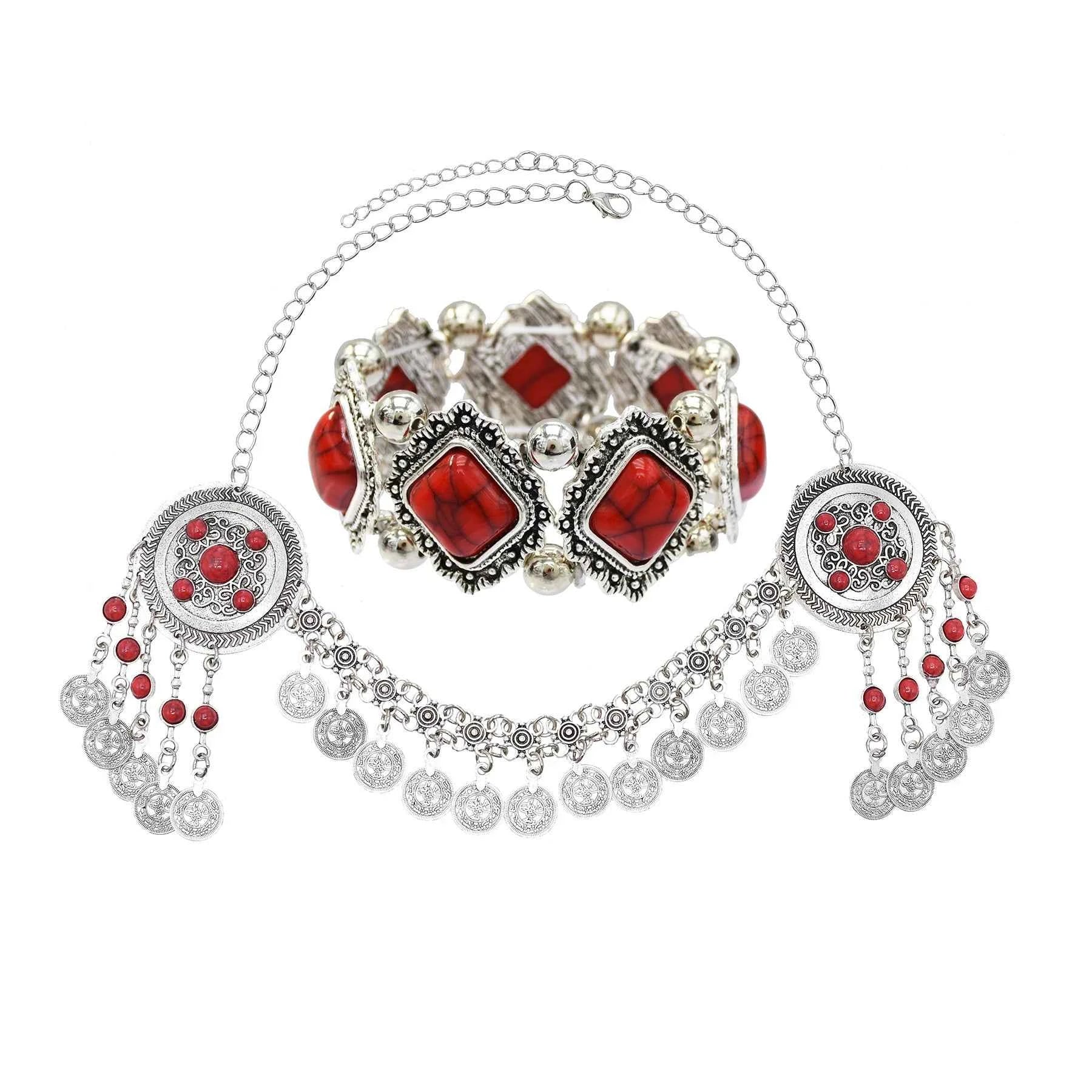 Traditional Kazakhstan Ethnic Coins Bracelet Hair Accessories  for Women Vintage Nepalese Tibetan Clothing Headwear Jewelry Set