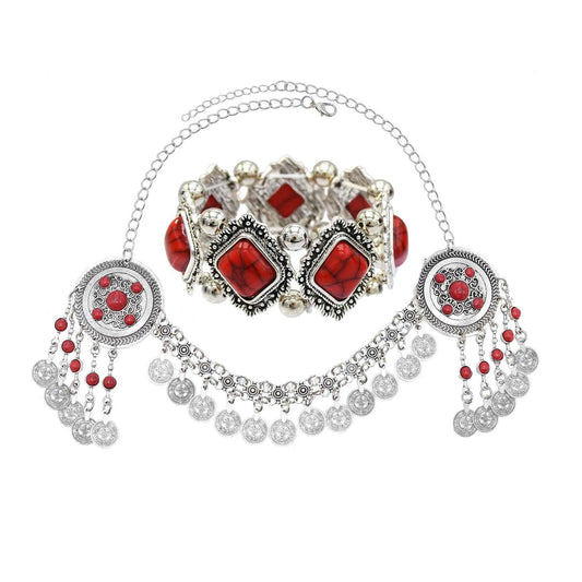 Traditional Kazakhstan Ethnic Coins Bracelet Hair Accessories  for Women Vintage Nepalese Tibetan Clothing Headwear Jewelry Set