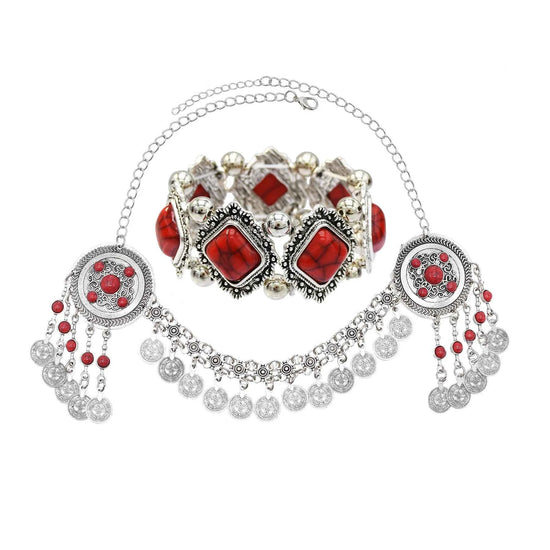 Traditional Kazakhstan Ethnic Coins Bracelet Hair Accessories  for Women Vintage Nepalese Tibetan Clothing Headwear Jewelry Set