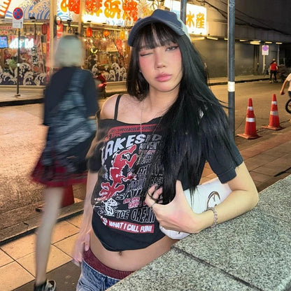Off Shoulder Retro Y2k Tops Letter Print Short Sleeve T-Shirt Harajuku Slimming Women Top 2025 Summer New Women's Clothing SS69