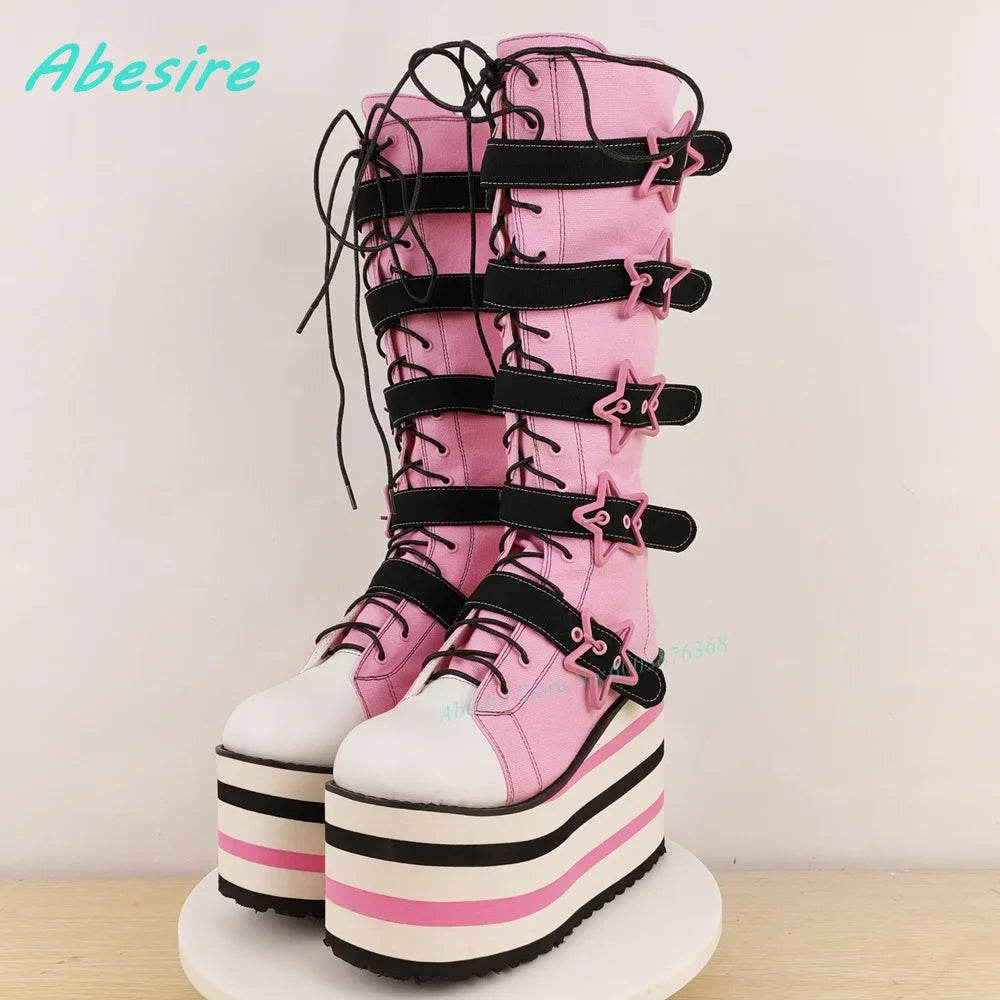 Star-Shaped Belt Buckle Knee High Boots Round Toe Platform Mixed Colors Women's Boots Cute Punk Zipper Patchwork Wedges Shoes