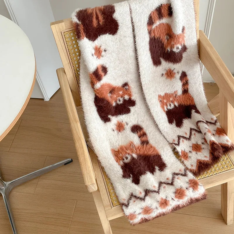 170cm Cute Red Panda Knit Imitate Mink Wool Scarf Soft Comfort Women Winter Neckerchief Girls Students Warm Scarves