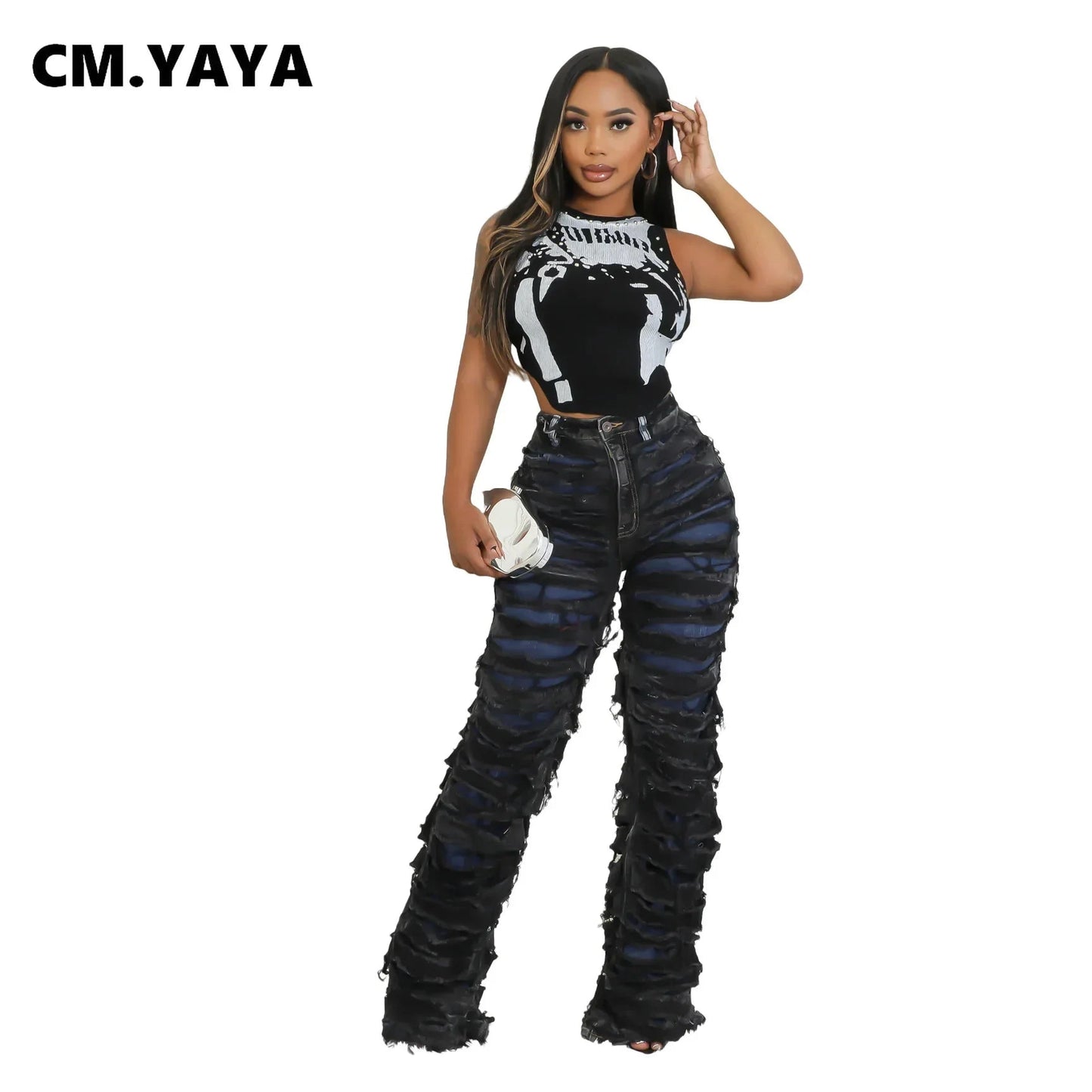 CM.YAYA Street Denim Pants Women Ripped Out Striped High Waist Zipper Jeans 2024 Fall Trousers Streetwear Straight Party Pants SS69