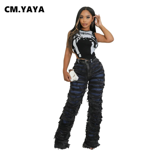 CM.YAYA Street Denim Pants Women Ripped Out Striped High Waist Zipper Jeans 2024 Fall Trousers Streetwear Straight Party Pants SS69