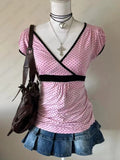 Harajuku Women T shirts Clothes Pink Vintage 2000S Casual Polka Dot Femme Tee Kawaii Sweet T shirt Cute Girl Crop Tops Y2k Top SS69 12.69 Pink / XL