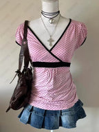 Harajuku Women T shirts Clothes Pink Vintage 2000S Casual Polka Dot Femme Tee Kawaii Sweet T shirt Cute Girl Crop Tops Y2k Top SS69 12.69 Pink / XL