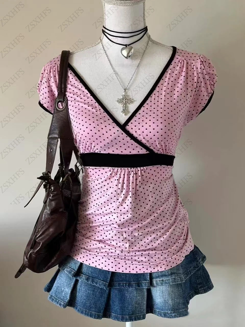 Harajuku Women T shirts Clothes Pink Vintage 2000S Casual Polka Dot Femme Tee Kawaii Sweet T shirt Cute Girl Crop Tops Y2k Top SS69 12.69 Pink / XL