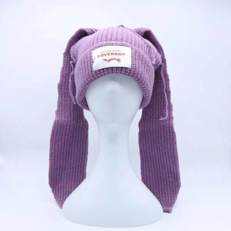 Long fox Ears Knitted Hat Men Women Rabbit Ear Warm Crochet Beanies Kpop Hip Hop Hat Winter Skullies Cap Y2k Christmas Gifty