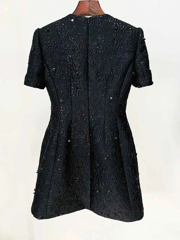 HIGH STREET Newest 2024 Designer Fashion Stylish Dress Women's Beaded Floral Jacquard Trimmed Dress