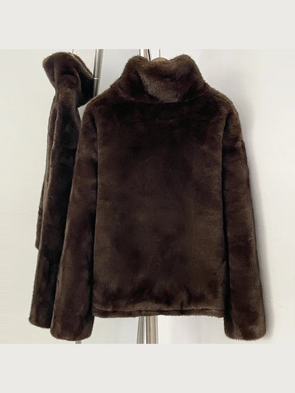Mueyeruho 2026 Autumn Winter Women Faux Mink Fur Sweatshirt Pullover Solid Brown Streetwear Warm Long Sleeve Plush Fluffy Jacket