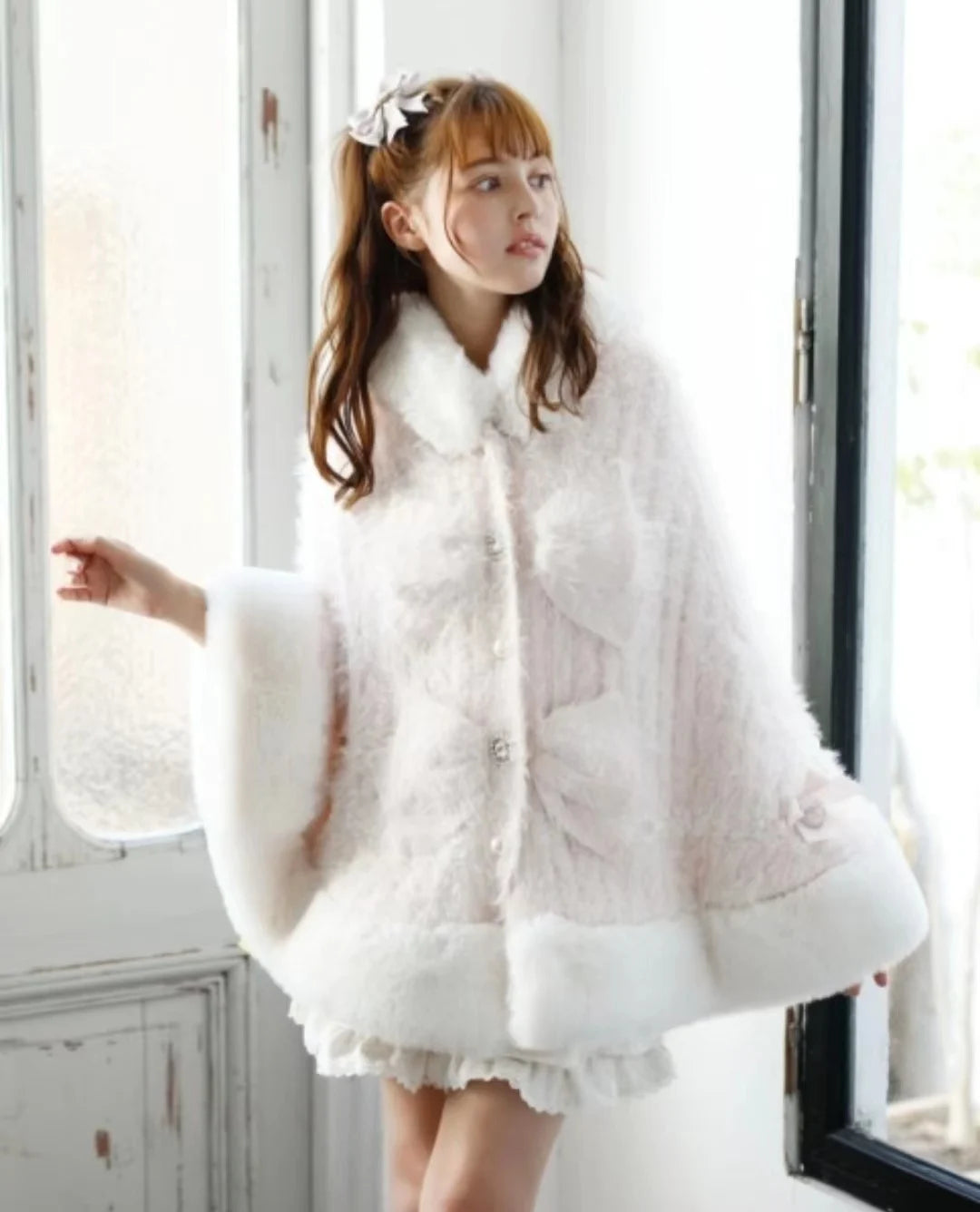Godivana Faux Rabbit Fur Cape Coat with Rhinestone Bow