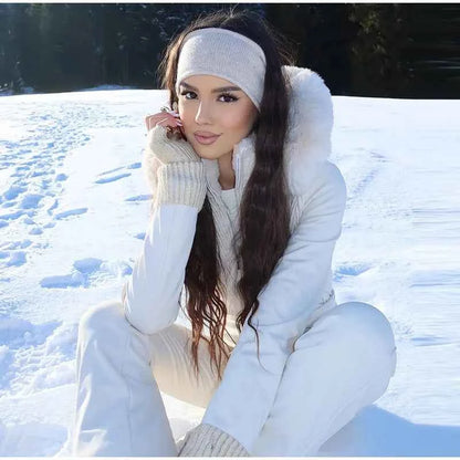 Fashion Solid Warm Ski Suit Women's Hood Fur Trim Full Sleeves Belt Coats High Waist Pants 2025 Winter Lady Windproof Tracksuit