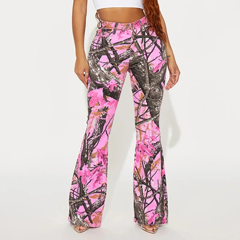 Women's new branch small camo high waisted bell bottoms Spice Girl street personality fashion casual pants SS69