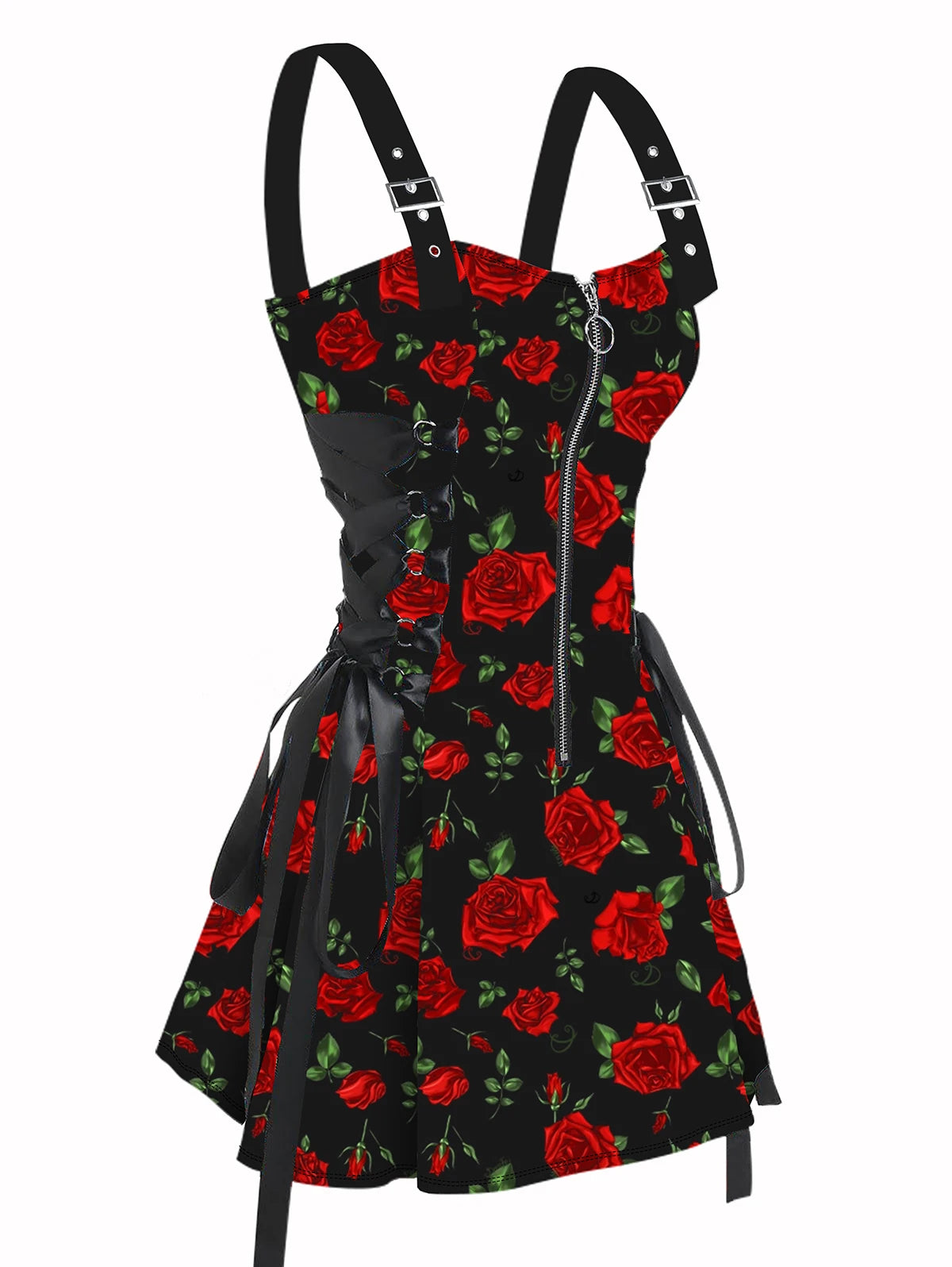 Dressfo 2025 Women's Dresses Allover Rose Print Half Zipper Lace Up Valentine's Day Mini Dress Summer Sleeveless Dress