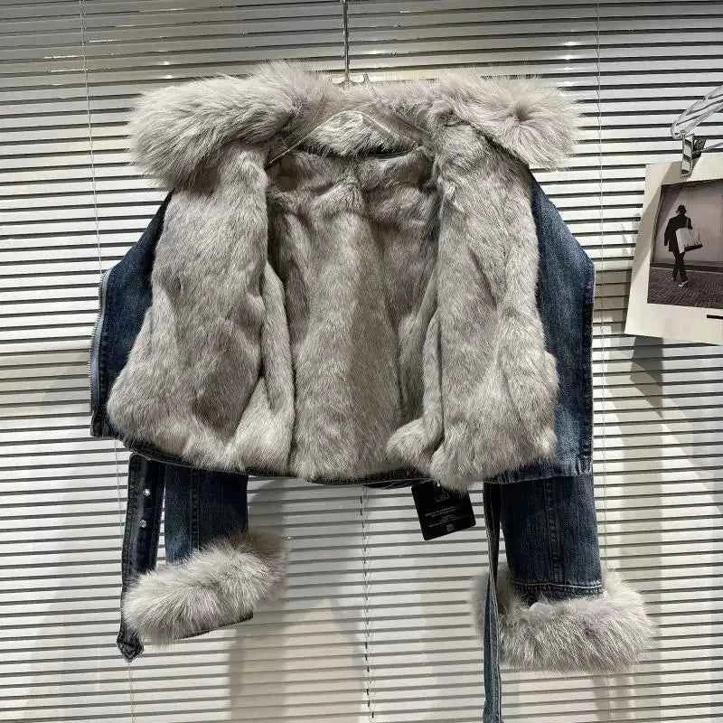 Winter Women Denim Coat Jacket Fox Collar Short  Warm High Street Outerwear Thicken Coat High Quality Luxury Design Party Wear