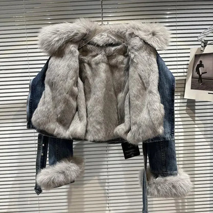 Winter Women Denim Coat Jacket Fox Collar Short  Warm High Street Outerwear Thicken Coat High Quality Luxury Design Party Wear