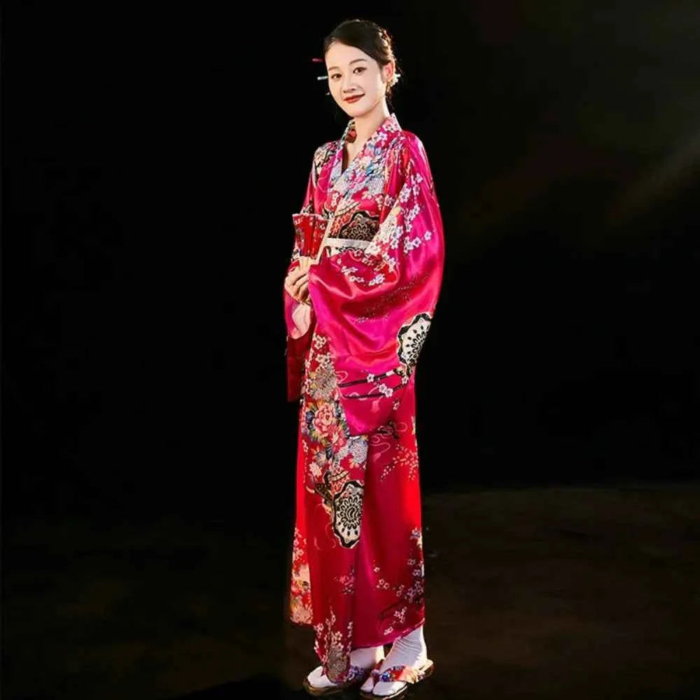 Cosplay Costume Traditional Japanese Kimono Japanese Style Printed Floral Sakura Girl Kimono Dress Asian Elegance