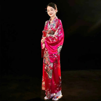 Cosplay Costume Traditional Japanese Kimono Japanese Style Printed Floral Sakura Girl Kimono Dress Asian Elegance