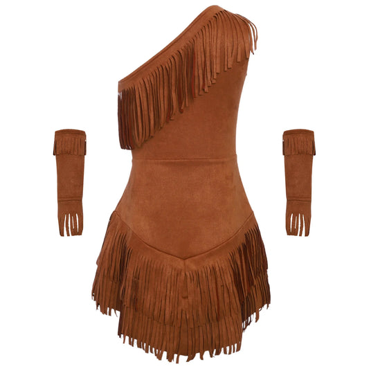 YiZYiF Girls Native American Inspired Fringe Dress with Sleeves Cosplay Set