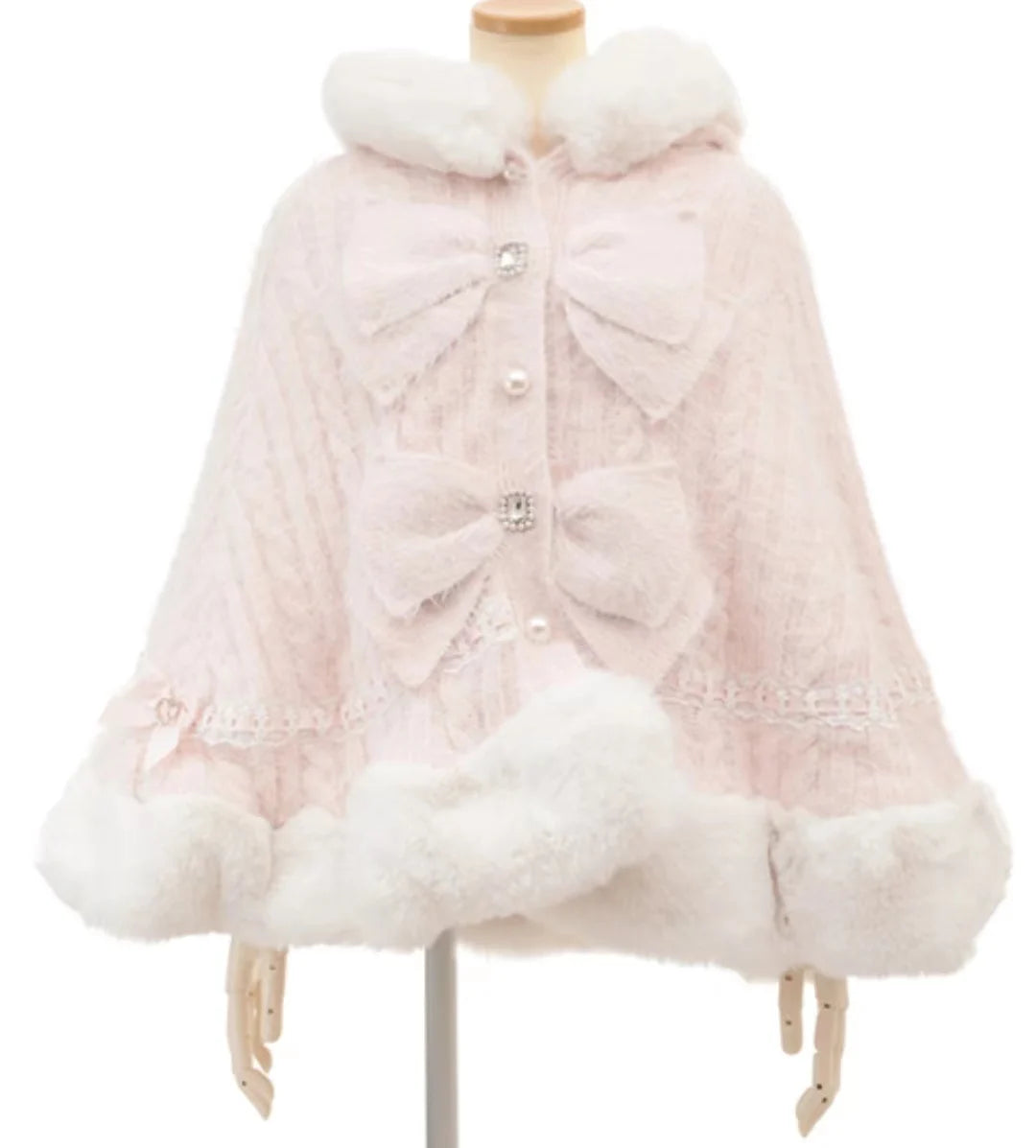 Godivana Faux Rabbit Fur Cape Coat with Rhinestone Bow