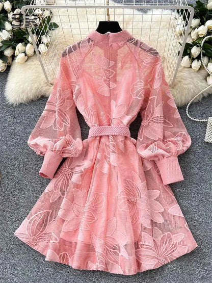 SINGREINY Women Elegant Floral Emboridery Dress Hollow Out Long Sleeve Single Breasted Belt French Court Chic Short A Line Dress