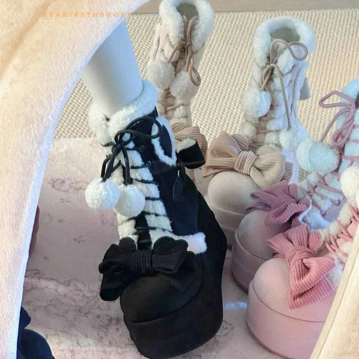 pink Sweet Winter Girls Lolita Mid-Calf Snow Boots,Cute Female Students Plush Warm Bowknots Lace Up Wedge Heel Heightening Shoes