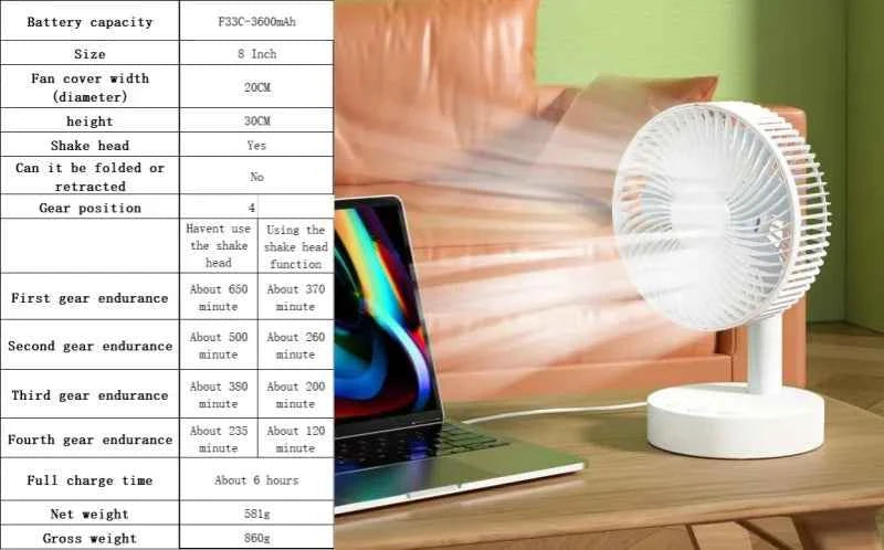 3600mAh USB Desk Fan 4 Speed Adjustable Desktop Table Fan with Strong Wind Quiet Operation Kipas USB Oscillating Fan