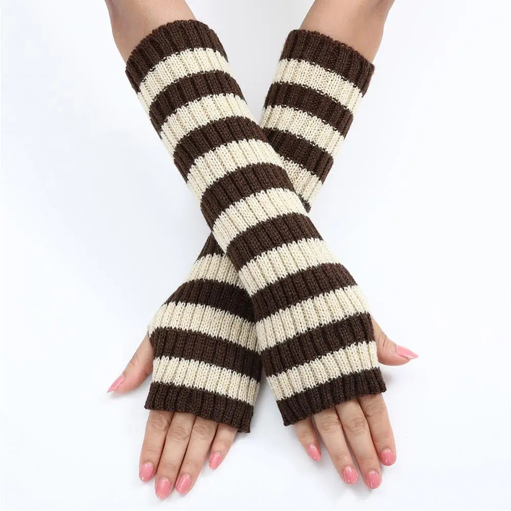 Lolita Striped Women's Knitted Fingerless Arm Sleeves Halloween Gothic Style Long Arm Warmers Girls Punk Striped Elbow Gloves SS69 12.69 coffee / One Size