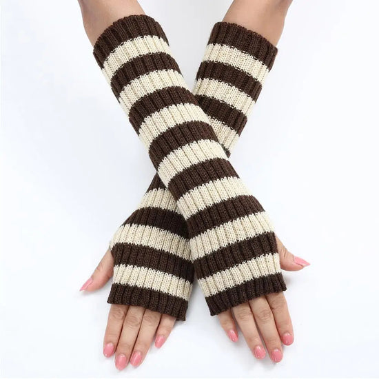 Lolita Striped Women's Knitted Fingerless Arm Sleeves Halloween Gothic Style Long Arm Warmers Girls Punk Striped Elbow Gloves SS69 12.69 coffee / One Size