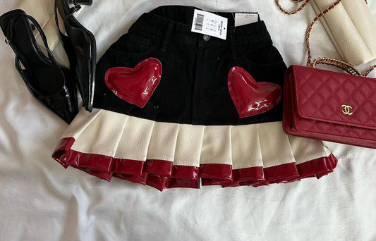 Y2K Womens Street Clothing Heart shaped Leather Clothing Two Punk Jacket Cut Denim Patchwork Retro Pleated Mini Skirt Jacket Set SS69 43.69 Skirt4 / XXL