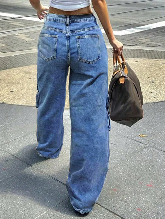 Women Non-Stretch Straight-Leg Jeans Casual Button Zipper Denim Pants With Pockets Fashion Solid Color Street Cargo Jeans SS69