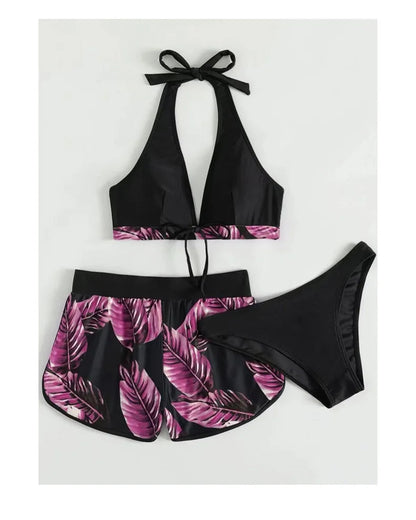 Women 2024 New Bikinis 6 Colors Sexy Halter Bikini 3 Piece Set Leafs Print High Waisted Swimsuit Beach Bathing Suit Size S-XXL SS69