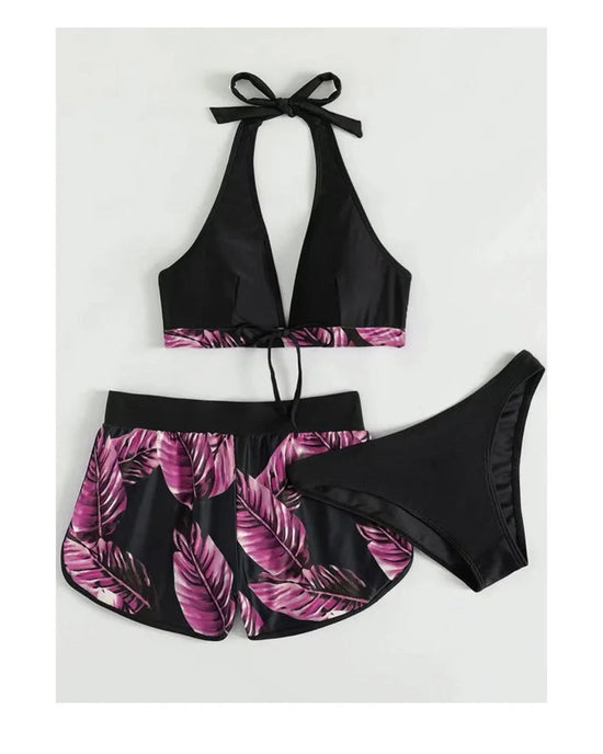 Women 2024 New Bikinis 6 Colors Sexy Halter Bikini 3 Piece Set Leafs Print High Waisted Swimsuit Beach Bathing Suit Size S-XXL SS69
