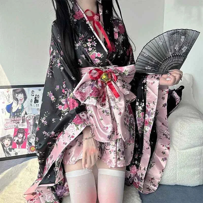 6pcs Traditional Japanese Kimono Robe Kawaii Pink Sakura Printed Bowknot Lolita Dress Halloween Party Geisha Cosplay Costumes