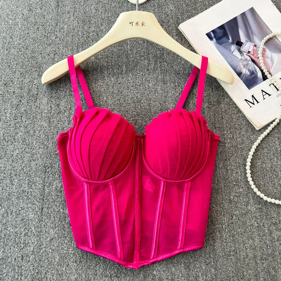 korean fashion mesh summer Fashion fishbone camis Corset  Slim Hotsweet Tank Top Women sweet crop top SS69 23.69 Rose Red / 36