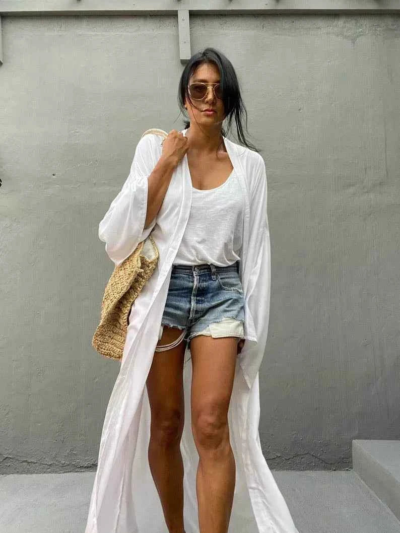 Solid Beach Cover Up Women Self Belted Wrap Kimono Dress Swimsuit 2025 New Robe Summer Beachwear Factory Supply