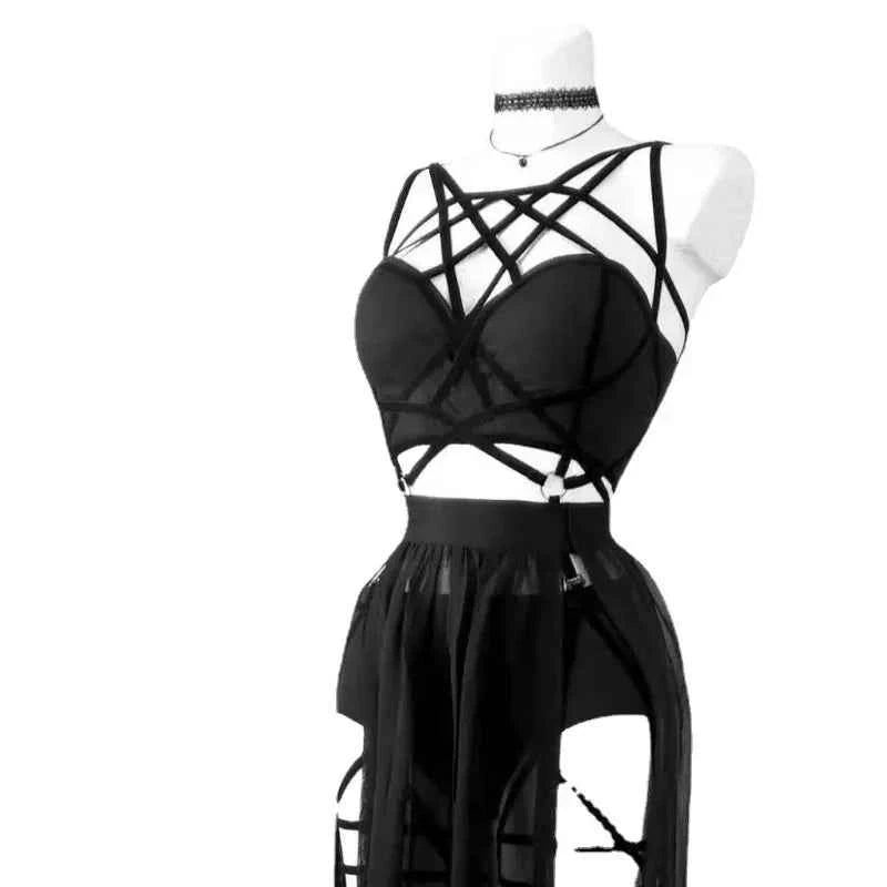 AltGoth Gothic Nightclub Sexy Skirt Set Women See Through Mesh Backless Crop Tops Emo Alt Punk High Waist Underpants Skirt 3pcs