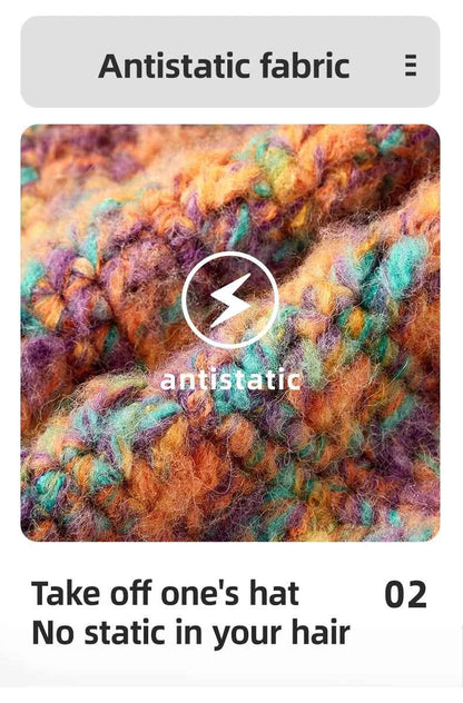 OhSunny Autumn Winter Wavy Brim Bucket Hats,Rainbow Cute Thermal Caps Women's Outdoor Warm Hand-knitted Fisherman Caps Packable