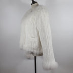 New Women Autumn Winter Knitted Real Rabbit Fur Coat 100% Natural Rabbit Fur Jacket With Fox Fur Collar Overcoat For Female