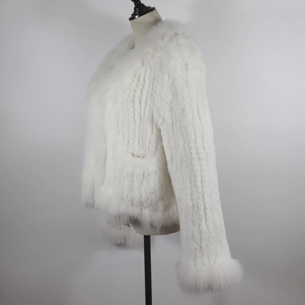 New Women Autumn Winter Knitted Real Rabbit Fur Coat 100% Natural Rabbit Fur Jacket With Fox Fur Collar Overcoat For Female