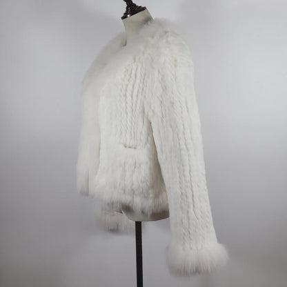 New Women Autumn Winter Knitted Real Rabbit Fur Coat 100% Natural Rabbit Fur Jacket With Fox Fur Collar Overcoat For Female