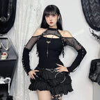 Goth Dark Fishnet Patchwork Off Shoulder Halter Top
