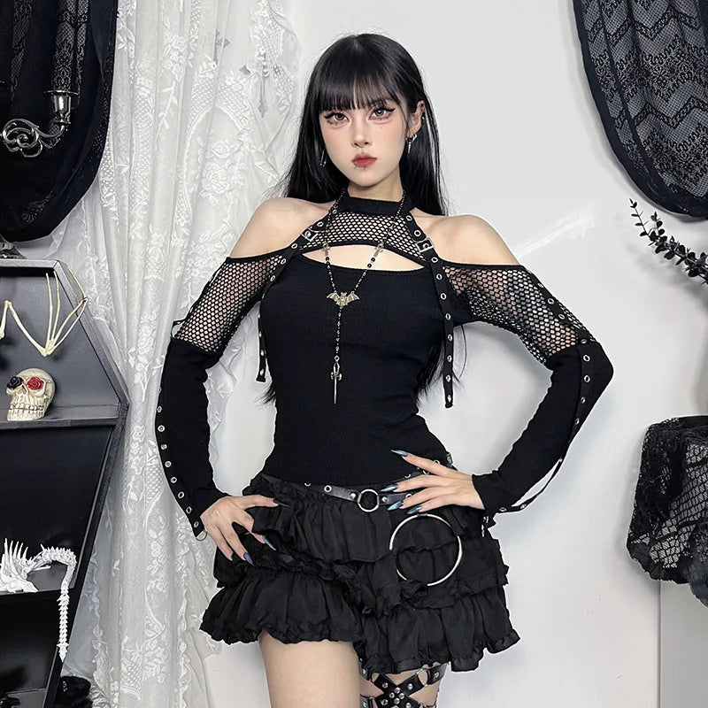 Goth Dark Fishnet Patchwork Off Shoulder Halter Top