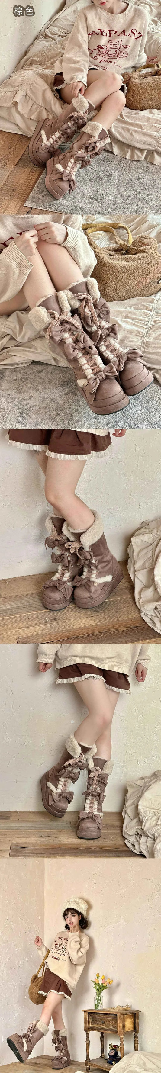 Lolita Winter Calf Boots Original Cute Bow Women's Warm Snow Boots Plush Warm Girl Female Suede Long Fur Boots