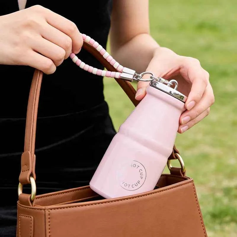 1pc Vintage Milk Coffee Cup 280ml Mini Stainless Steel Pocket Cup Portable Travel Lanyard Direct-Drinking Thermal Cup