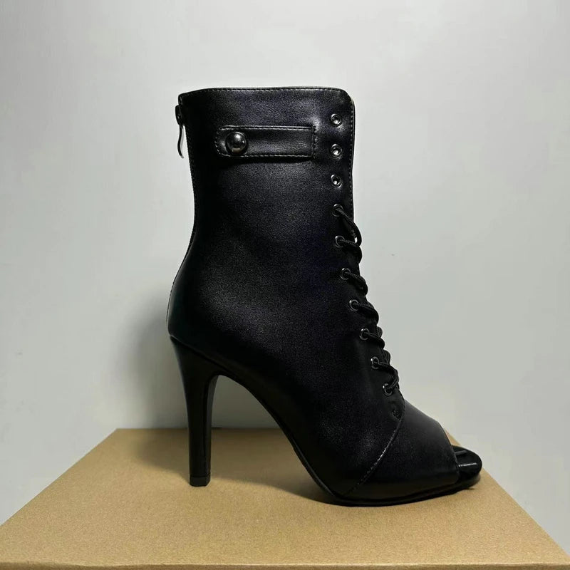 Women's Black Peep-Toe High Heel Stilettos Size 46 New Fashion Brand Party Boots for Ballroom Latin Jazz Dance Sexy Party Shoes SS69